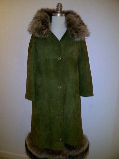 True Vintage Bonnie Cashin Green Suede Leather Raccoon Trim Coat 1960s