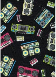 retro boomboxes cassette tapes cotton quilt fabric image shows 8 5 x 