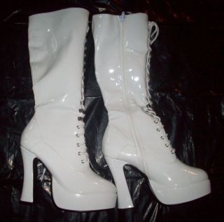White Knee High Patent Leather Platform Chunky Boots Lace Up 60s 70s 