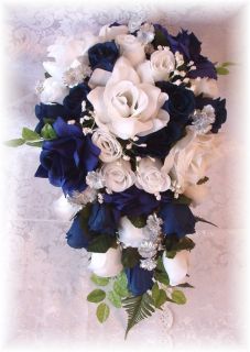 Wedding Bridal Bouquet Flowers Navy Blue White 21pc