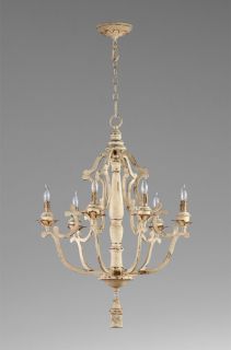   French Country Antique White 6 Light Chandelier Wrought Iron & Wood