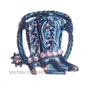  Boots Scarf Slide Holder Blue Metal Rhinestones Western Jewelry