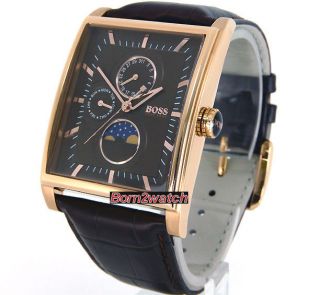 Hugo Boss Men Multifunction Day Date Rose Gold Layered Leather Strap 