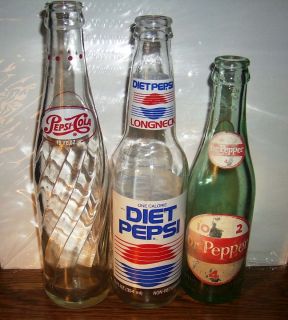 Soda Bottles Pepsi 1971 10oz Diet Pepsi 10 oz 6 1 2 ozs Dr Pepper 1966 