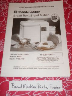 Toastmaster Breadmaker Instruction Manual Recipes Guide 1150 1151 