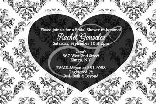 black and white Bridal Shower Invitations Monogram Heart Damask