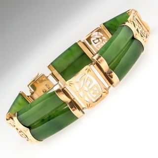  Jade Bracelet Cabochon Bars Solid 10K Gold Fine Estate Jewelry