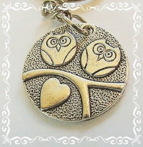 Two Owls on A Branch Heart Silver Keychain Purse Charm Zipper Pull 