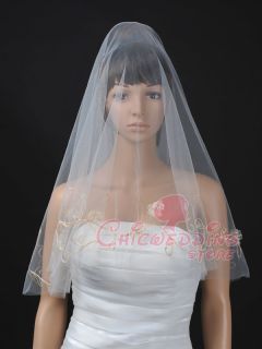   Embroidery Pearl Flower Fingertip Bridal Wedding Veil Cut Edge