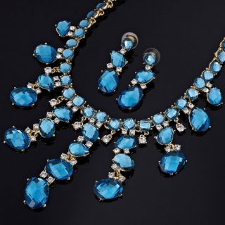 Wedding Jewelry Set Necklace Earrings 18K Gold Plated Aquamarine Oval 