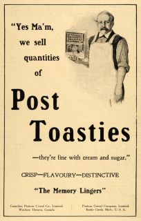 1913 Ad Post Toasties Breakfast Cereal Elijahs Manna Original 