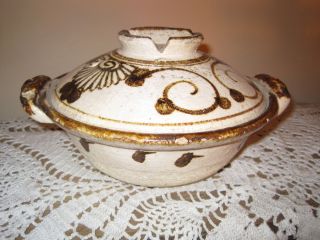 Vintage Antique Very Old Clay Rice Bowl Cooker Brown Glaze Design