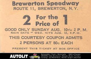 1950s Brewerton NY Speedway Automobile Race Ticket