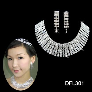 Wedding Bridal Bridesmaid crystal necklace earring Silver Jewelry set 