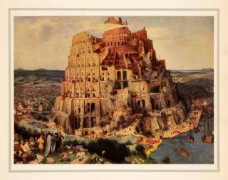 1937 Tipped in Print Pieter Brueghel Art Shinar Babel Tower Biblical 