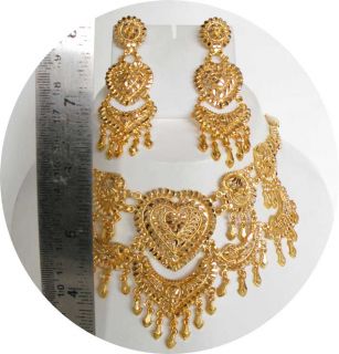 Gold Plated Bridal Sari Jewelry Wide Necklace Set Bollywood India 