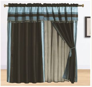 Pieces Geo Dots Faux Silk Blue and Brown Color Curtain Set