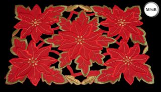   Embroidered Christmas Poinsettia Red Green Gold Cutwork Placemat M94B