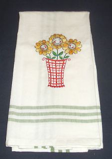 NEW EMBROIDERED KITCHEN TEA TOWEL SMILING DAISIES IN VASE COTTON TOWEL