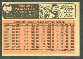 SHARP & UNCREASED: 1966 Topps Baseball #50 Mickey Mantle Card