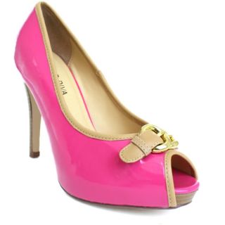   Pink Faux Patent Leather Double Buckle Peep Toe Pumps Size 6 5
