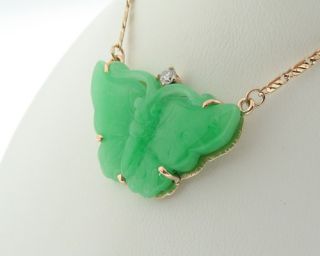 Butterfly Jade Diamond Solid 14k Gold Pendant w Chain
