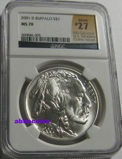 2001 Buffalo Silver Dollar NGC MS70 UNC Commemorative