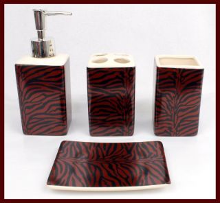 PC Black Burgundy Zebra Ceramic Bathroom Set Soap Toothbrush 