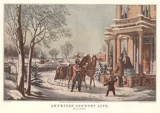 CURRIER IVES vintage print Horse and Sleigh PLEASURES OF WINTER