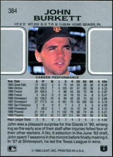 1990 Leaf Kevin Mitchell John Burkett San Francisco Giants Wrong Back 