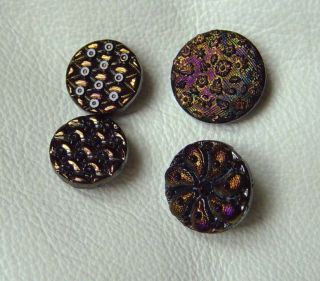 Vintage Carnival Luster Black Glass Buttons Group of 4
