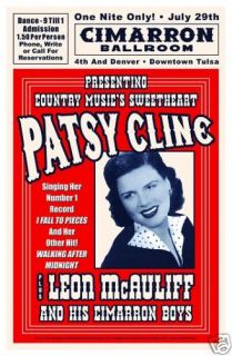 Patsy Cline at the Cimarron Ballroom in Tulsa Oklahoma Concert Poster 