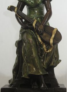 Female Lute Musician Girl Bronze Sculpture Statue Color