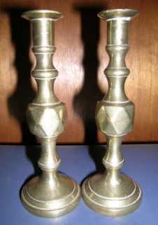 1870s Victorian Brass Candlesticks Tapersticks w Diamond Pattern 