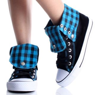 Womens High Top Sneakers Canvas Skate Shoes Blue Plaid Lace Up Boots 