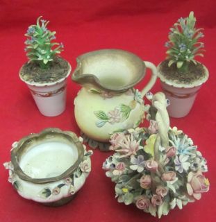 Vintage Lot Capodimonte Ceramic Flower Pots Small Floral Pink Rose 