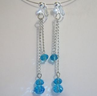 Clip on Blue Faceted Glass Crystal 2 5 Long Dangle Earrings J319 