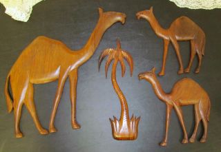 Wood Carved Camels Wall Hangings with Palm Tree