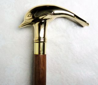 dolphin brass handle teak walking stick cane