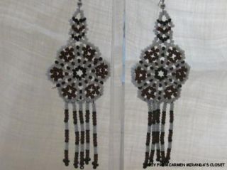 Huichol Indian Beaded Black White Brown Peyote Flower Earrings Mexico 
