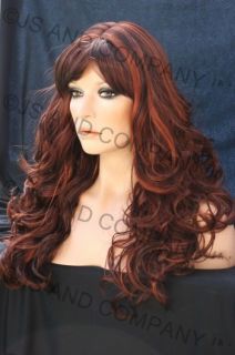 Long Wavy Curly Dark Auburn Mix Wig Skin Top Full Bangs Jsca 33 130 