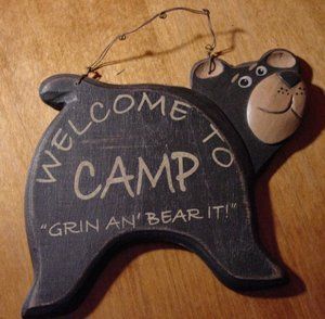 WELCOME TO CAMP WOOD CARVED BLACK BEAR SIGN Lodge Log Cabin Home Decor 