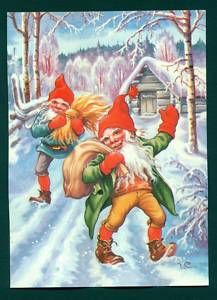 B7312 Swedish Postcard Carlsson Gnome Straw Snow
