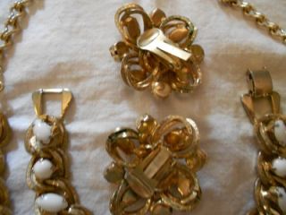 Vintage Jewelry Set Gold Tone w Milk Glass Beads 60s Necklace 