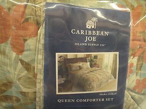 Caribbean Joe Necker Island Blue Orange Floral Queen Comforter Set 