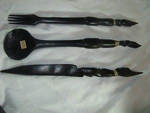 Vintage Hand Carved Wood Knife Spoon Fork Made in Kenya