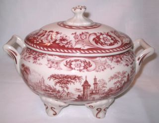 Red Transferware Large Footed Castle Tureen Porcelain Toile Tureen 
