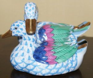 Herend Porcelain Duck Pair Small Blue Fishnet 5036