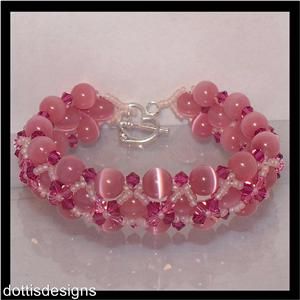 swarovski pink catseye raw woven beaded bracelet
