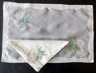   Hand Embroidered Linen Organdy Madeira 16 PC Placemat Set